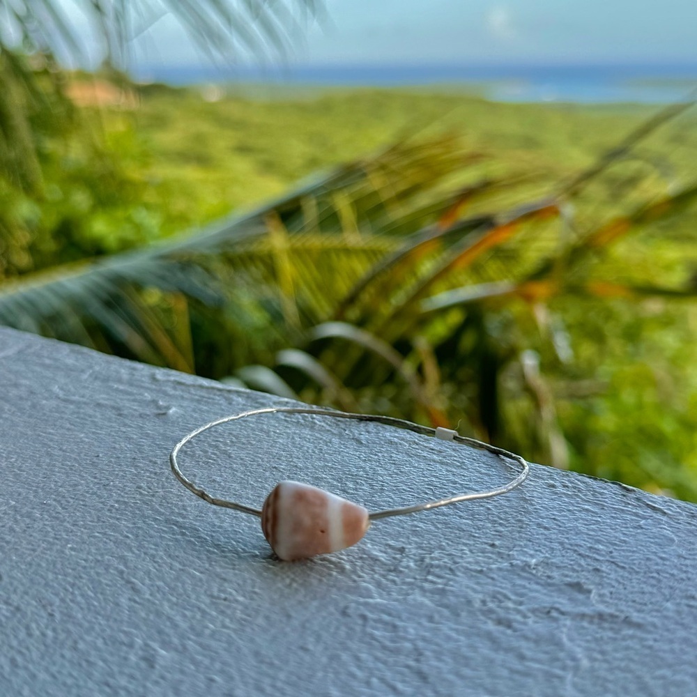 Puka shell cone natural  tumbled sea shell set in sterling & fine silver 8in